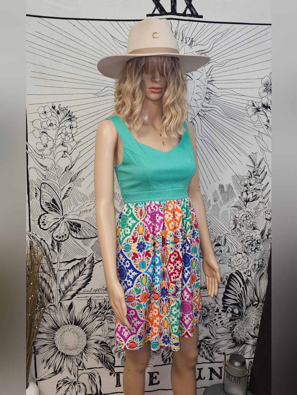 Judith March Small Teal Tie-back Top Colorful Mosaic Print Dress Pockets